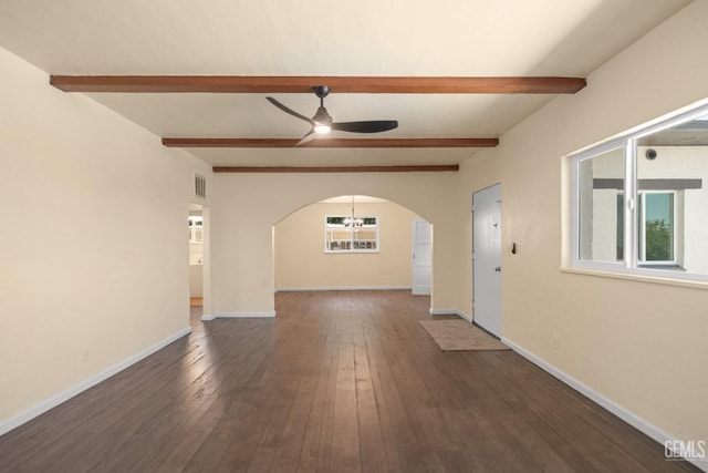 interior space with beam ceiling and dark wood-type flooring