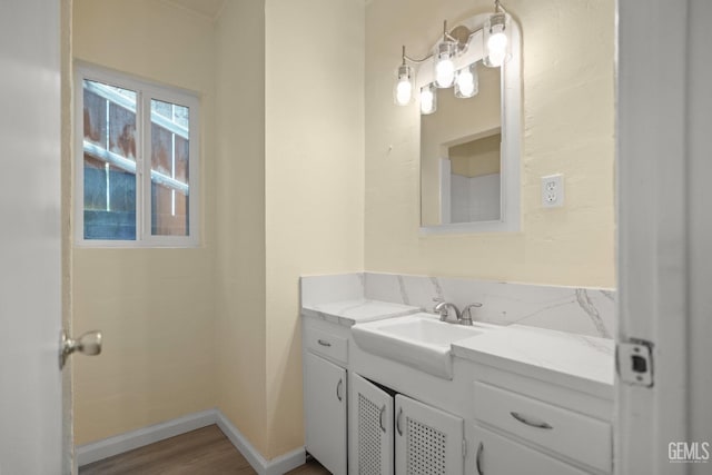 bathroom featuring vanity, wood-type flooring, and tasteful backsplash