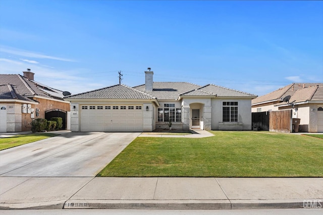 10809 Mirage Dr, Bakersfield, CA 93311 - view of front facade featuring a tile roof, a chimney, an attached garage, stucco siding, and concrete driveway