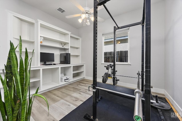 10809 Mirage Dr, Bakersfield, CA 93311 - exercise room with ceiling fan and wood finished floors
