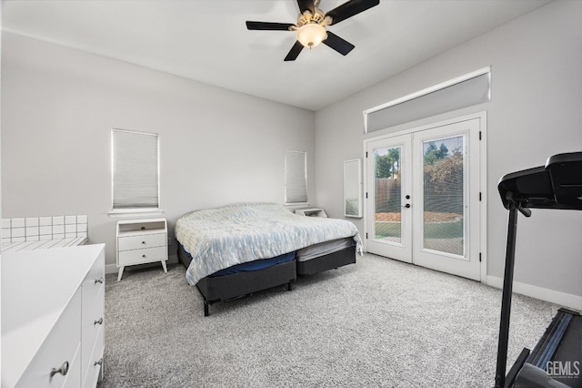 10809 Mirage Dr, Bakersfield, CA 93311 - bedroom with light colored carpet, french doors, access to exterior, and a ceiling fan