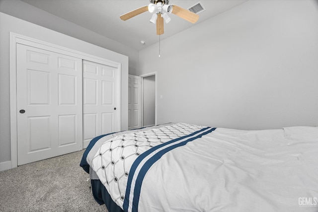 10809 Mirage Dr, Bakersfield, CA 93311 - bedroom with carpet floors, a closet, a ceiling fan, and vaulted ceiling
