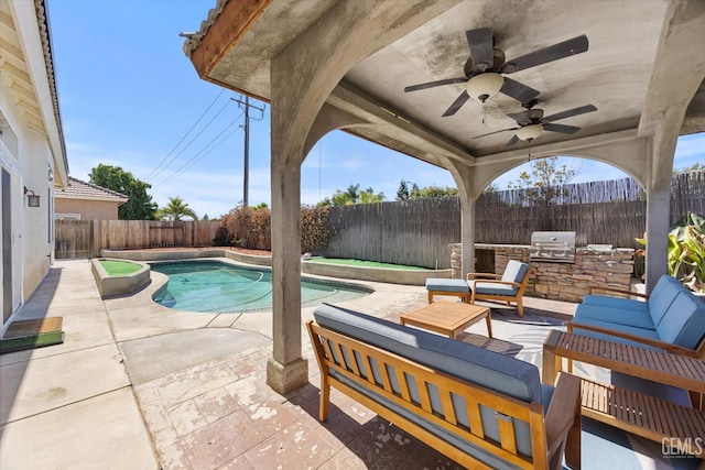 10809 Mirage Dr, Bakersfield, CA 93311 - view of pool featuring an outdoor kitchen, a fenced backyard, a patio area, and outdoor lounge area