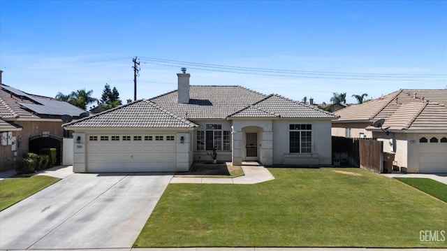 10809 Mirage Dr, Bakersfield, CA 93311 - view of front of property with a tiled roof, stucco siding, an attached garage, a chimney, and concrete driveway