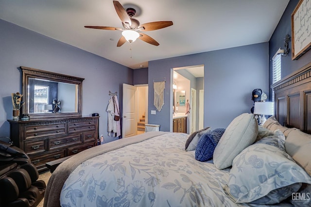 bedroom featuring ensuite bathroom and ceiling fan