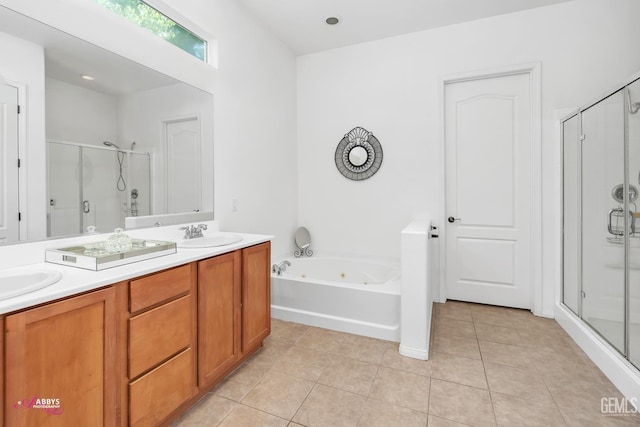 5903 Gold Ranch Way, Bakersfield, CA 93306 - full bathroom featuring a shower stall, tile patterned flooring, a tub with jets, and double vanity
