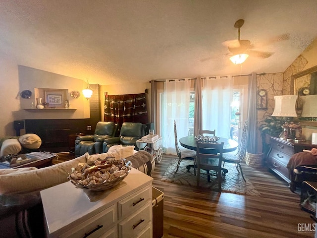 9125 Gleeson Ct, Bakersfield, CA 93311 - living room with lofted ceiling, dark wood-type flooring, and a textured ceiling
