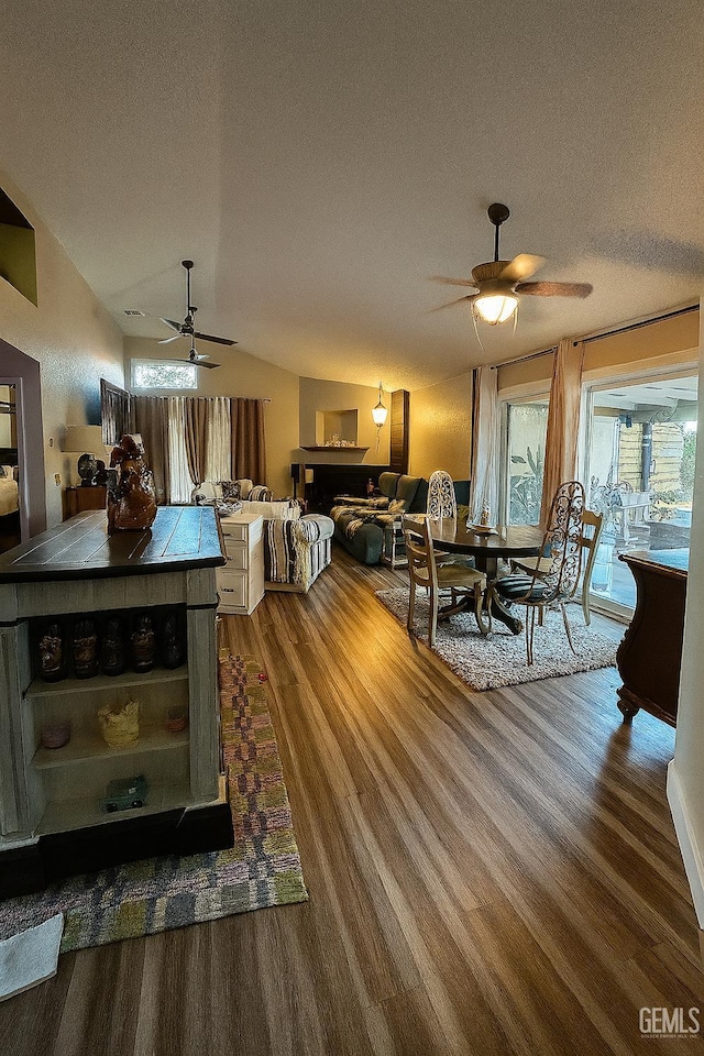 9125 Gleeson Ct, Bakersfield, CA 93311 - living area with a ceiling fan, wood finished floors, vaulted ceiling, and a textured ceiling