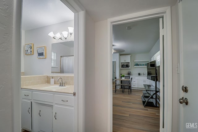 bathroom featuring backsplash, wood finished floors, and vanity