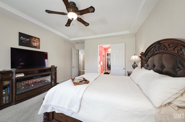 3718 Sycamore Creek Dr, Bakersfield, CA 93313 - bedroom with a raised ceiling, carpet, and a ceiling fan
