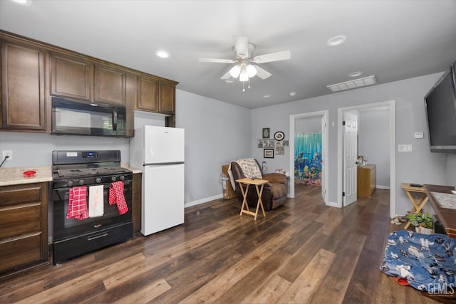 6202 Ocean Jasper Dr, Bakersfield, CA 93313 - kitchen featuring black appliances, a ceiling fan, light countertops, dark wood-style floors, and recessed lighting