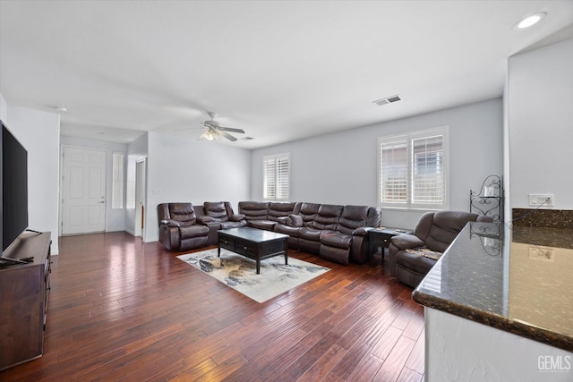 6202 Ocean Jasper Dr, Bakersfield, CA 93313 - living room with a ceiling fan, dark wood finished floors, and recessed lighting