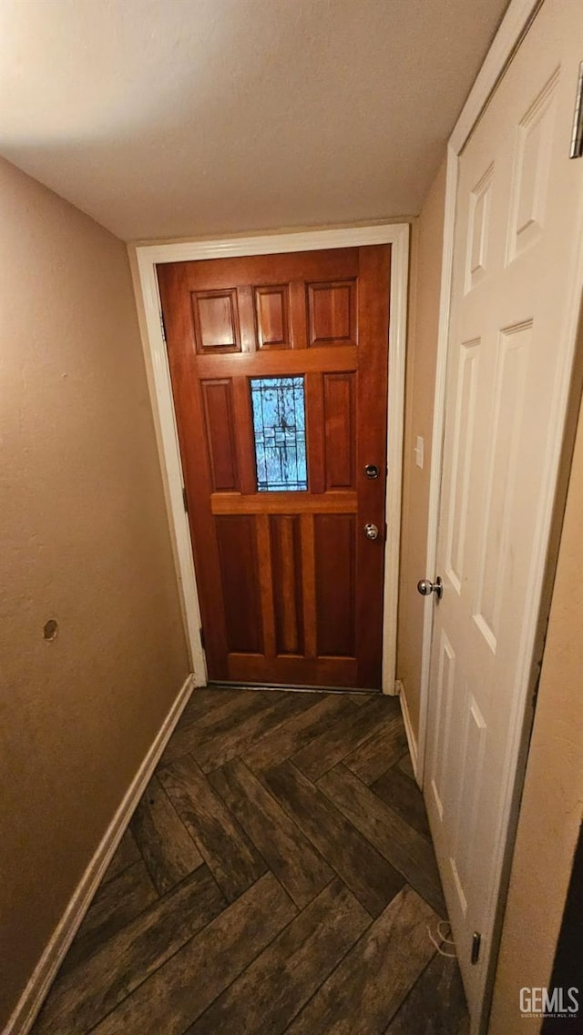 entryway with dark parquet floors