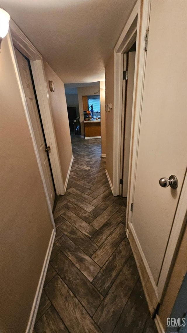 hallway with dark parquet floors