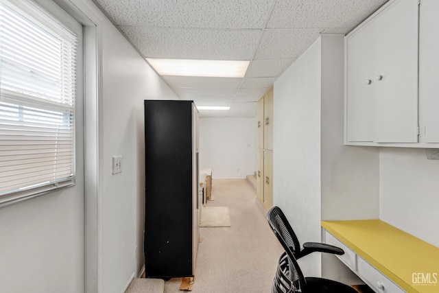 office with a drop ceiling and light colored carpet