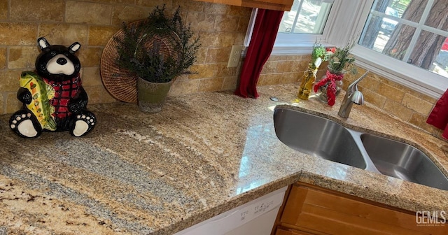 room details featuring light stone countertops, decorative backsplash, and a sink