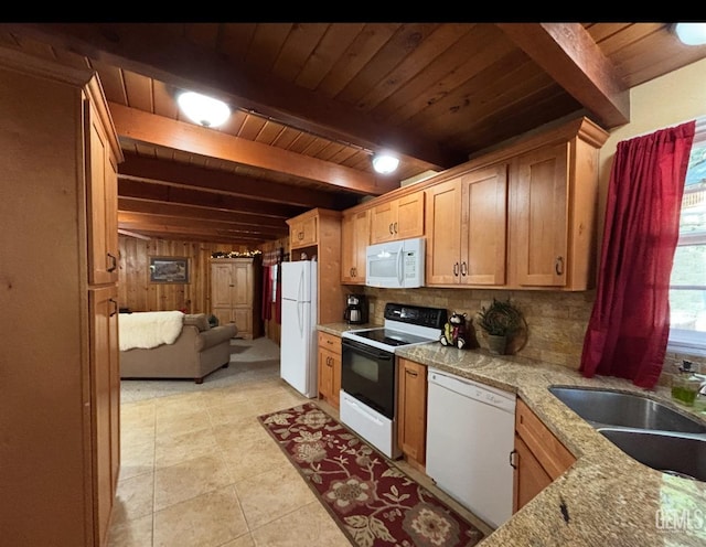 kitchen featuring wood ceiling, a sink, beam ceiling, and white appliances