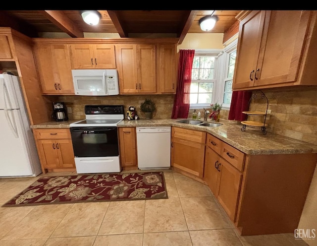 kitchen featuring wood ceiling, tasteful backsplash, beam ceiling, and white appliances