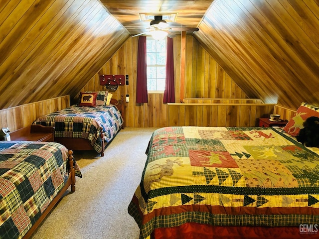 carpeted bedroom featuring wood walls, lofted ceiling, and wood ceiling