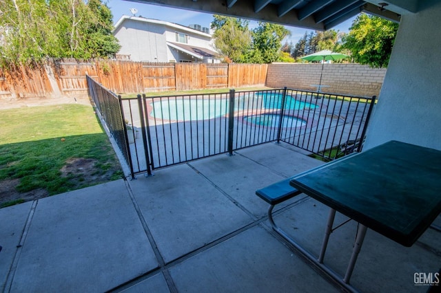 1805 Glenbrea Ct, Bakersfield, CA 93309 - exterior space with a patio area, a fenced backyard, a fenced in pool, and a yard