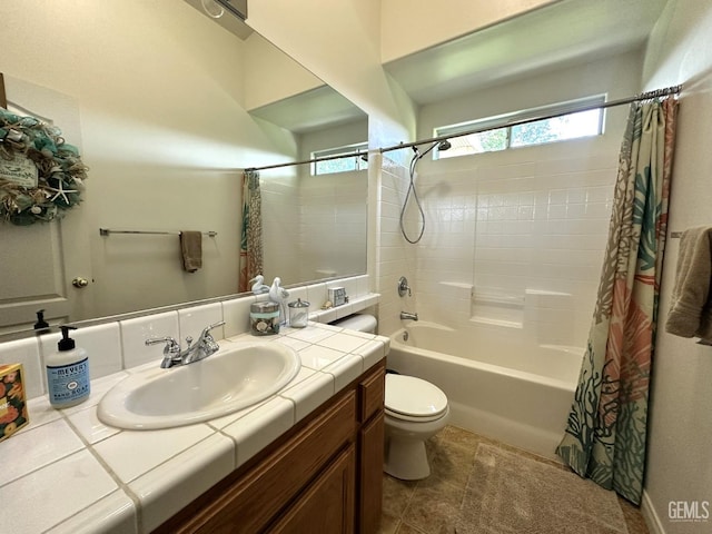 10304 Blythe Ct, Bakersfield, CA 93311 - full bath featuring vanity, shower / tub combo with curtain, toilet, and tile patterned flooring