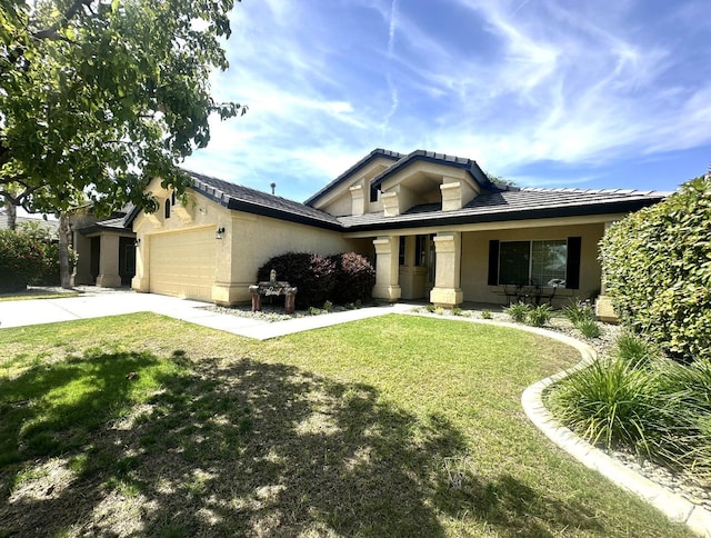 10304 Blythe Ct, Bakersfield, CA 93311 - view of front of house with a garage, a front lawn, stucco siding, and concrete driveway