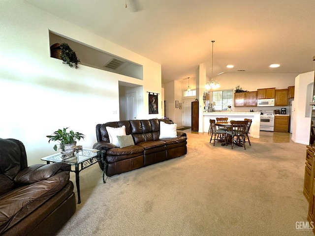 10304 Blythe Ct, Bakersfield, CA 93311 - living room featuring light carpet, lofted ceiling, and recessed lighting