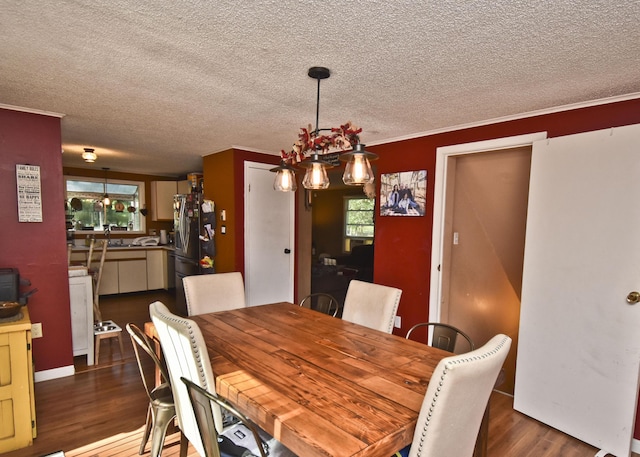 dining room featuring a healthy amount of sunlight, a textured ceiling, crown molding, and dark wood-style flooring