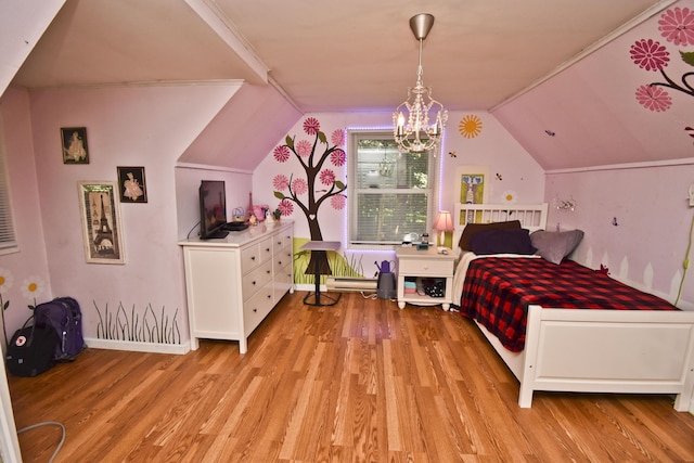 bedroom with a baseboard radiator, light wood-type flooring, an inviting chandelier, and vaulted ceiling