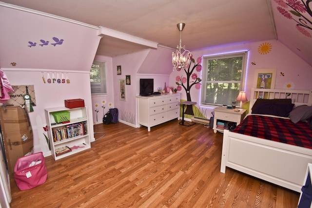 bedroom featuring vaulted ceiling, light wood-style floors, and a chandelier