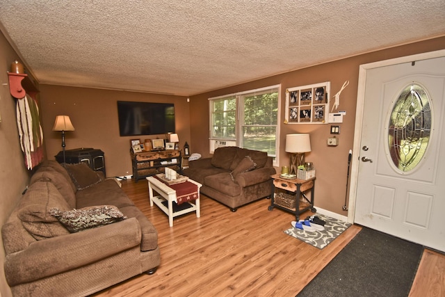 living area with a textured ceiling and wood finished floors