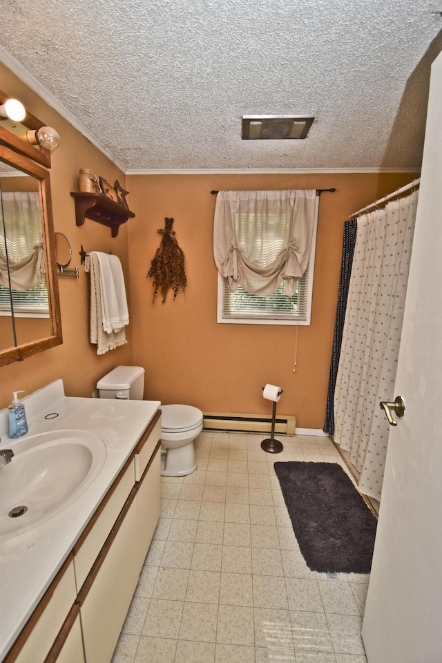 full bathroom with vanity, a textured ceiling, toilet, and a baseboard radiator