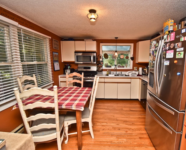 kitchen with white cabinetry, a wealth of natural light, light wood finished floors, and stainless steel appliances