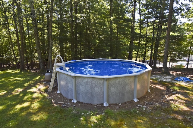 outdoor pool featuring a yard