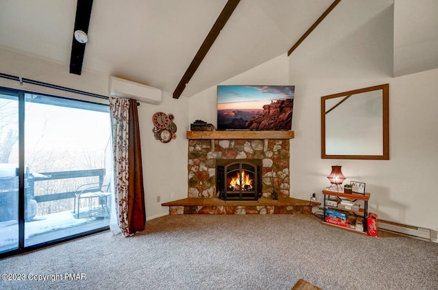 living room with carpet floors, a stone fireplace, a wall mounted AC, and lofted ceiling with beams