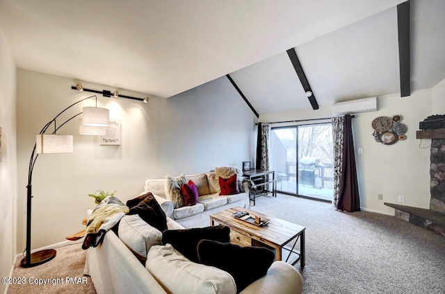 carpeted living room with lofted ceiling with beams and an AC wall unit