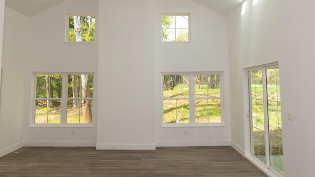 119 N Shore Dr, Albrightsville, PA 18210 - unfurnished living room featuring high vaulted ceiling, baseboards, and dark wood-style flooring