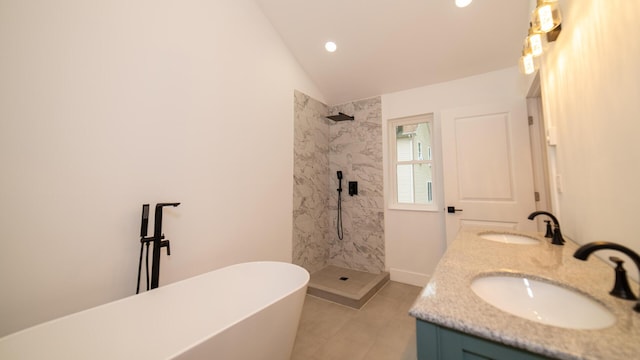 119 N Shore Dr, Albrightsville, PA 18210 - full bath with lofted ceiling, a tile shower, double vanity, a soaking tub, and recessed lighting