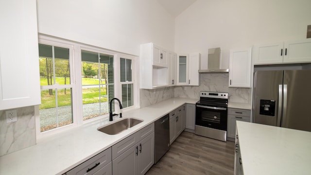 119 N Shore Dr, Albrightsville, PA 18210 - kitchen featuring appliances with stainless steel finishes, a sink, wall chimney range hood, high vaulted ceiling, and decorative backsplash