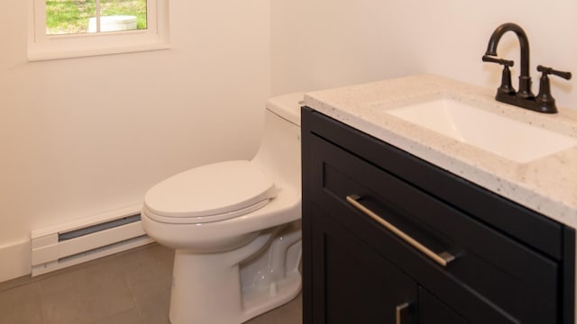 119 N Shore Dr, Albrightsville, PA 18210 - half bathroom with toilet, vanity, a baseboard heating unit, and tile patterned flooring