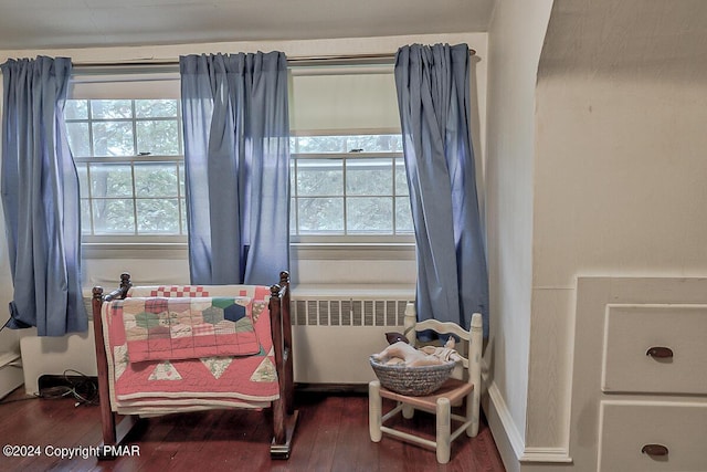 bedroom with multiple windows, hardwood / wood-style floors, and radiator heating unit