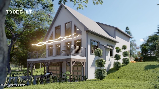 view of side of home with a balcony, a yard, and stucco siding