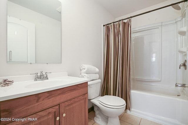 bathroom with toilet, shower / bathtub combination with curtain, vanity, and tile patterned floors