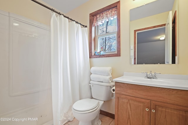 bathroom with tile patterned flooring, vanity, toilet, and a shower with curtain