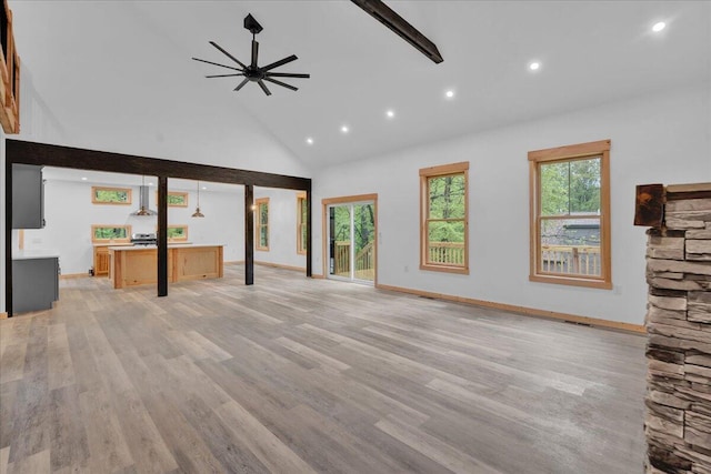 1448 Lake Ln, Pocono Lake, PA 18347 - unfurnished living room featuring high vaulted ceiling, ceiling fan, recessed lighting, light wood-style floors, and beamed ceiling