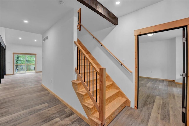 1448 Lake Ln, Pocono Lake, PA 18347 - stairs with wood finished floors, recessed lighting, and baseboards