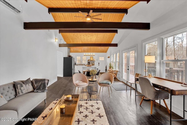 living area with lofted ceiling with beams, wood ceiling, french doors, a wall mounted AC, and dark wood finished floors