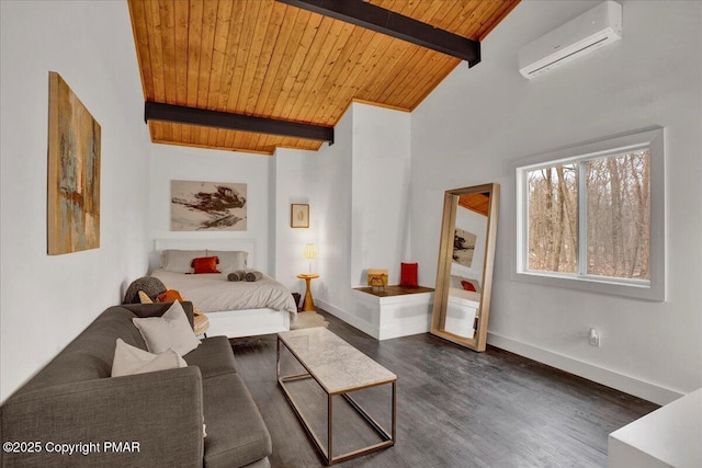 bedroom with baseboards, dark wood-style floors, wood ceiling, beamed ceiling, and a wall mounted air conditioner