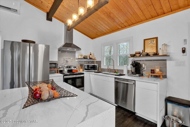 kitchen featuring open shelves, appliances with stainless steel finishes, wood ceiling, white cabinetry, and wall chimney exhaust hood