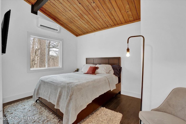 bedroom featuring vaulted ceiling with beams, dark wood-type flooring, wood ceiling, baseboards, and an AC wall unit